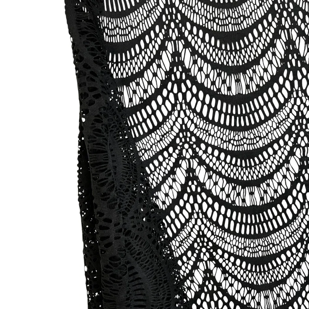 Black Crochet‎ Fringe Vest Open Front Scalloped Knit Boho Festival Swim Cover M
